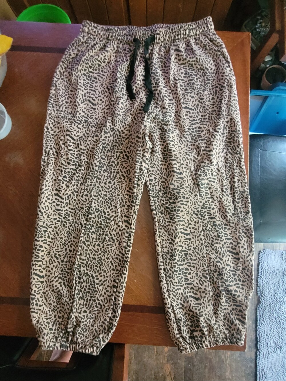 Leopard Print Drawstring Jogger Pants With Front And Back Pockets- Tan and Black